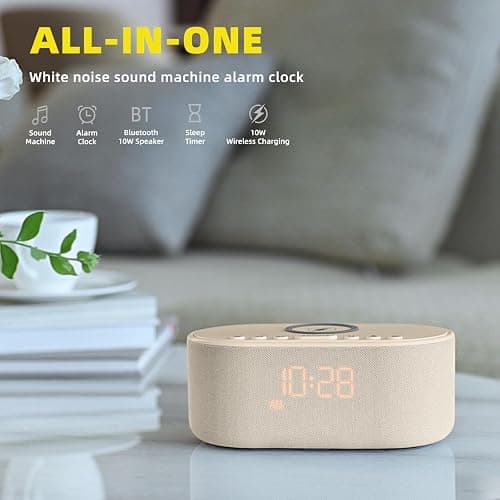 Sound Machine Alarm Clock for Bedrooms: Bluetooth 10W Stereo Sound Speaker with Wireless Charging - White Noise Machine for Sleeping with 21 Soothing Sounds - Putty thumbnail 2