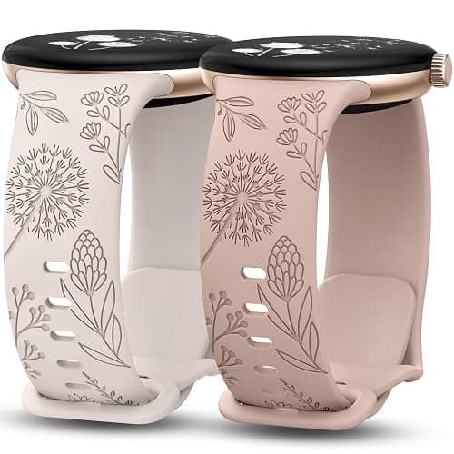 Minyee 2 Packs Floral Engraved Bands Compatible with Google Pixel Watch 4/3 41mm/Pixel Watch 2/1 Band Women, Cute Soft Silicone Flower Sport Fancy Straps - Image 1