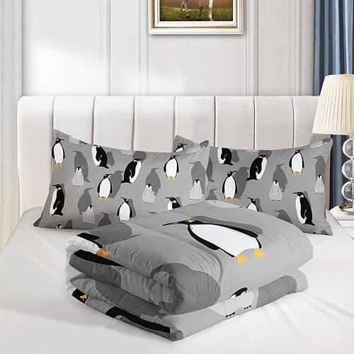 XYNHML Cartoon Penguin Comforter 3Pcs Queen Antarctic Wild Animal Bedding Set for Kid Teen Girl Boy Adult Grey White Black Cute Penguins Wild Safari Quilt Bed Decor with 1 Comforter and 2 Pillowcases thumbnail 8