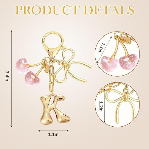 Snycler Bubble Initial Keychain with Bow & Cherry - Gold Letter Bag Charms for Women, Cute Purse Handbag Accessories thumbnail 2