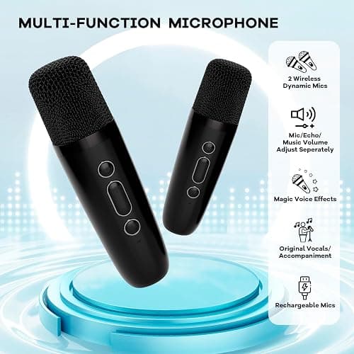 YLL Mini Karaoke Machine with 2 Wireless Microphones for Kids Adults, Portable Bluetooth Speaker, 2025 Top Christmas Birthday Gift for Boys Girls 3, 4, 5, 6, 7, 8, 9, 10, 12+ Years Old Toddler (Black) thumbnail 3