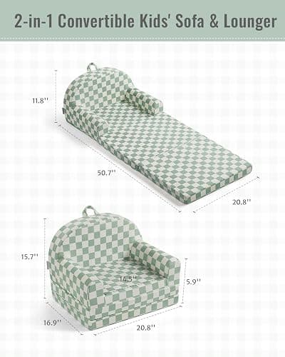 Blissful Diary Foldable Toddler Couch, 2-in-1 Comfy Toddler Chair & Lounger for Reading, Playroom, Kids Couch Sofa for Girls Boys Birthday Gift, Sage Checkered thumbnail 3