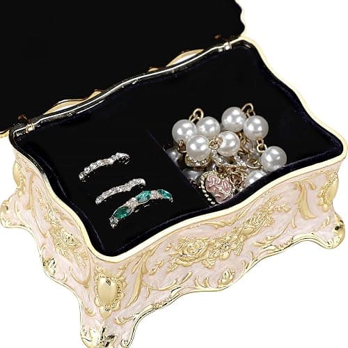 Hipiwe Small Vintage Jewelry Box Decorative Trinket Box, 3.7x 2.7x 2 inch | Enameled Metal Treasure Chest Organizer Rectangular Keepsake Box Case Wedding Christmas Gift for Women thumbnail 6