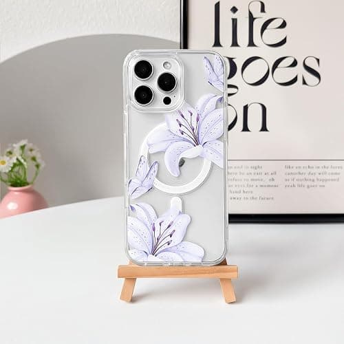 NITITOP Compatible with iPhone 16 Pro Max Case Clear Magnetic Compatible with MagSafe Cute Lily Flowers Floral for Women Girls Hard PC Back Shockproof Protective Phone Cover - Purple thumbnail 6
