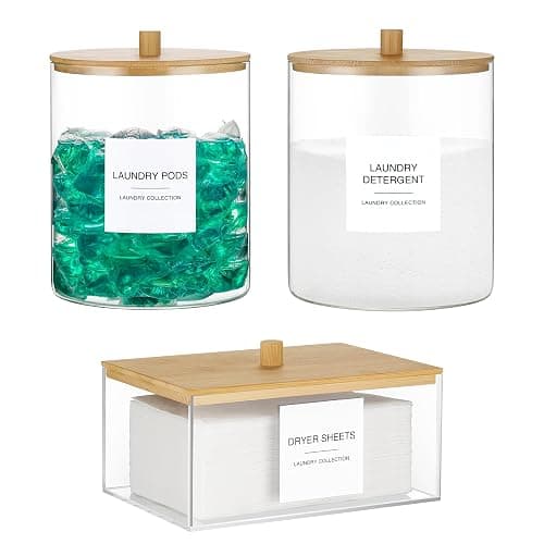 TIPGO Glass Jars and Acrylic Dryer Sheet Holder, Laundry Pods Container with Bamboo Lid and 27 Labels, Powder Detergent Containers for Laundry Room Organization, Storage Jars Set (3 Pack) - Image 1