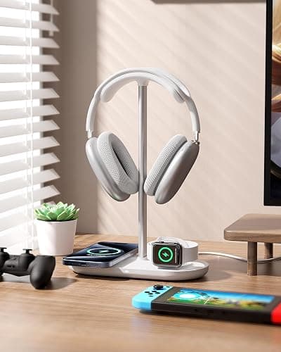Universal Headphone Stand, Magnetic Wireless Charger for iPhones/AirPods/iWatch, Aluminum Alloy Rod, Leather Pad, ABS Solid Base, White thumbnail 6