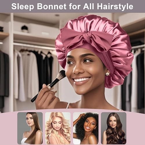 2Pcs Silk Hair Satin Bonnet for Sleeping Women,Large Satin Sleep Bonnets for Women with Elastic Tie Band Silk Hair Wrap with Ajustable Straps,Night Sleep Cap for Curly Braids,Black+Rose Gold thumbnail 4