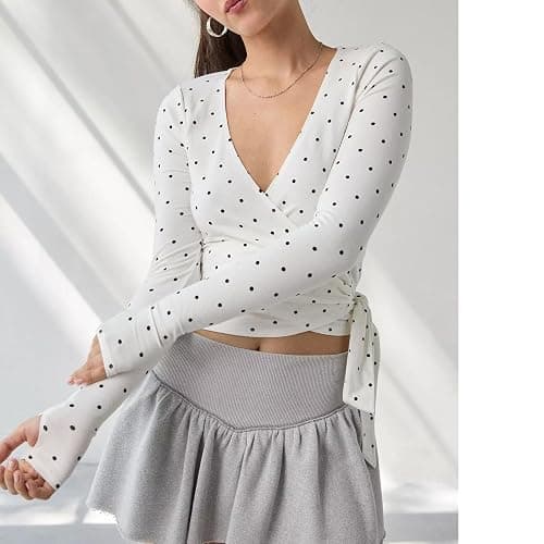 Women Wrap Top Y2K Stretchy Long Sleeve Deep V Neck Cross Tie Workout Ballet Blouse Thumb Hole Pilates Yoga Shirt thumbnail 3