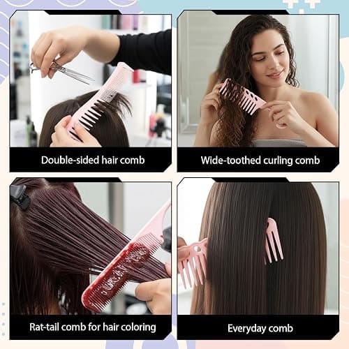 6PCS Hair Comb Set Pink, Stylists Professional Styling Comb Set Wide Fine Parting Rat Tail Hairdressing Double Wide Combs Durable Wides and Fine Tooth Rat Tail Hair Barber Combs for Styling Detangling thumbnail 7