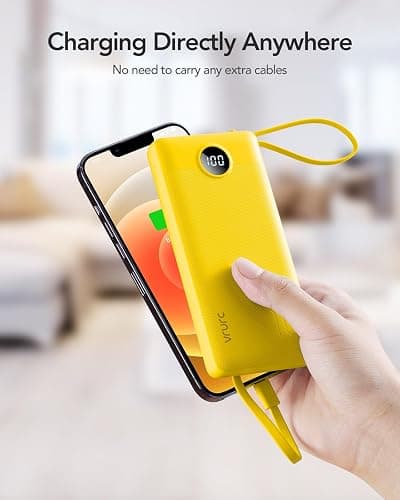 VRURC Portable Charger with Built-in Cables, 10000mAh LED Display USB C Power Bank, Slim Travel Battery Pack with 5 Output 2 Input Compatible with iPhone,Samsung,Android etc-Yellow(1 Pack) thumbnail 7