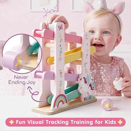 Lehoo Castle Wooden Car Ramp Toys for 1 Year Old Girl Birthday Gifts, Unicorn Montessori Toys for One Year Old, Wooden Race Track with 4 Rollers Toddler Toys for 2 Year Old Girl thumbnail 4