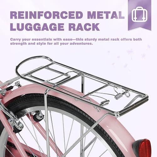 Max4out Beach Cruiser Bike for Adult, Womens Bicycle with Rattan Front Basket, 24 & 26 Inch Comfort Bikes with Adjustable Seat and Dual V-Brake (Pink & White & Green & Purple & Black) thumbnail 4