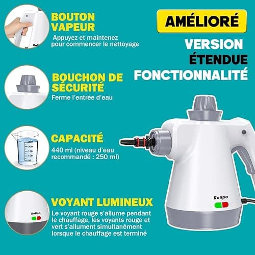 Nettoyeur Vapeur Portatif 1050W, Nettoyage Haute Température – 100% Sans Chimie Désinfection, Appareil Multifonction pour Cuisine, Salle de Bain, Voiture, Sols et Tissus thumbnail 7