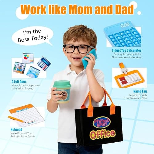 Cleboen Pretend Play Home Office Set for Kids — Toy Laptop Computer, LCD Writing Tablet, Pop Fidget Calculator, Phone, Headset, Glasses, Coffee Cup & Handbag, Birthday Gifts for Boys Girls Age 3-5-7 thumbnail 5