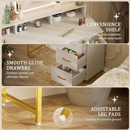 COMHOMA Vanity Desk with Mirror and Lights, Makeup Vanity Table with 4 Drawers & Storage Shelves, Large HD Mirror, 3 Color Modes & Adjustable Brightness, Modern Dressing Table for Bedroom, Pearl White thumbnail 6