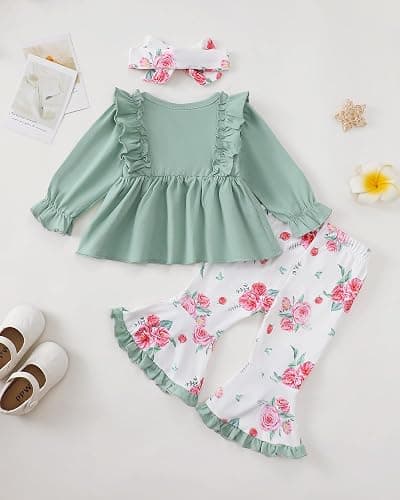 Toddler Baby Girl Clothes Fall/Winter Girls Outfits Ruffle Long Sleeve Tops Floral Flared Pants Girls' Clothing Sets thumbnail 6