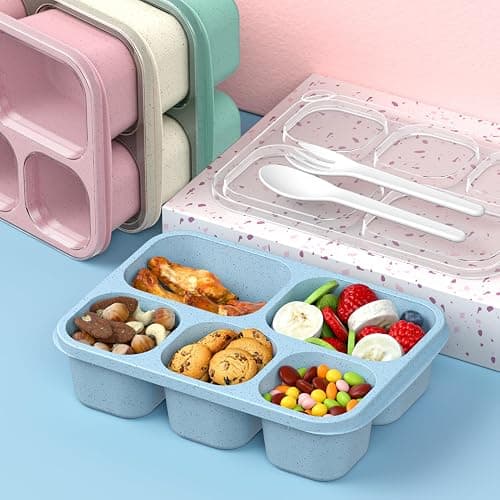 Bento Box Adult Lunch Box - 4 Pack, 5 - Compartment Meal Prep Container for Kids, Reusable Food Storage Snack Containers - Stackable for School, Work, and Travel (Wheat(Green/Blue/Pink/Beige)) thumbnail 2
