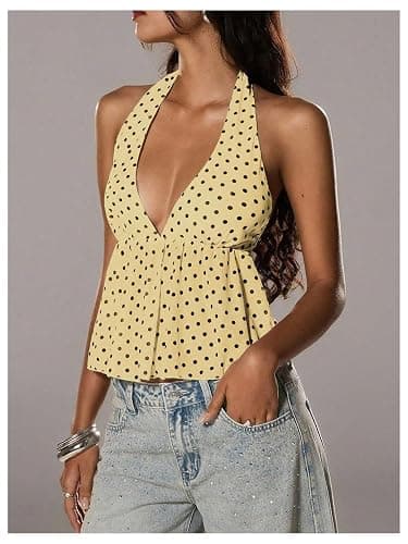 Milumia Women's Polka Dots Tie Backless Halter Top V Neck Going Out Tops | Peplum Shirt,Ruffle Hem,Baby Doll Top,Cute,Sheer Mesh,Date Night,Clubwear,Dressy thumbnail 2