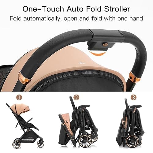 Gromast Gravity Folding Baby Stroller - Portable Travel Toddler Stroller w/Adjustable Backrest, Canopy & Cup Holder, Lightweight and UV Protected, One-Hand Automatic Folding - Khaki thumbnail 6