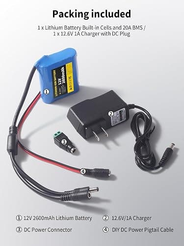 12V 2600mAh Lithium Battery Pack with 12.6V 1A Charger, 12 Volt Rechargeable Battery for DIY Projects thumbnail 5