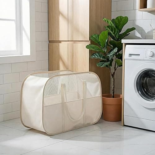 Foldable Laundry Basket with Mesh Window, Large Capacity 95L Dirty Clothes Hamper with Handles, Sturdy Steel Frame,Collapsible Laundry Hamper for Bedroom,Bathroom,Home,Dorm (Beige) thumbnail 7