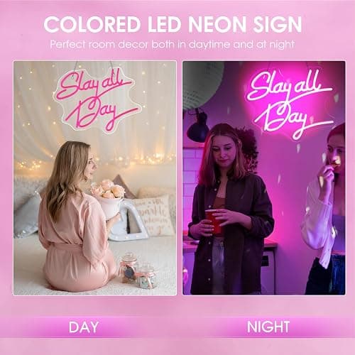 Teen Girl Gifts, Slay All Day Neon Sign Pink Aesthetic Slay LED Lights and USB Powered Bright Dimmable Funny Y2k Signs for Teenage Preppy Dorm Room Women Bedroom Downtown Coquette Room Wall Decors thumbnail 6