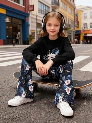 Voxikidio Girls 2 Piece Outfits Long Sleeve Butterfly Sweatshirt & Flared Pants Fall Clothing Set Size 7-12 Years thumbnail 5