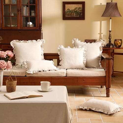patdrea Shabby Chic Linen Decorative Throw Pillow Covers 18"x18" Set of 2, Farmhouse Linen Pillow Covers with Ruffles, Square Sturdy Throw Pillow Case for Couch Sofa Bed Living Room thumbnail 3