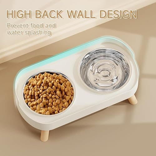 Elevated Cat Bowl, Raised Cat Food and Water Bowl Set for Indoor Cats, Splash Proof with 2 Stainless Steel Pet Food Bowls for Cats and Puppies, Whisker Fatigue and Dishwasher Safe - White thumbnail 2