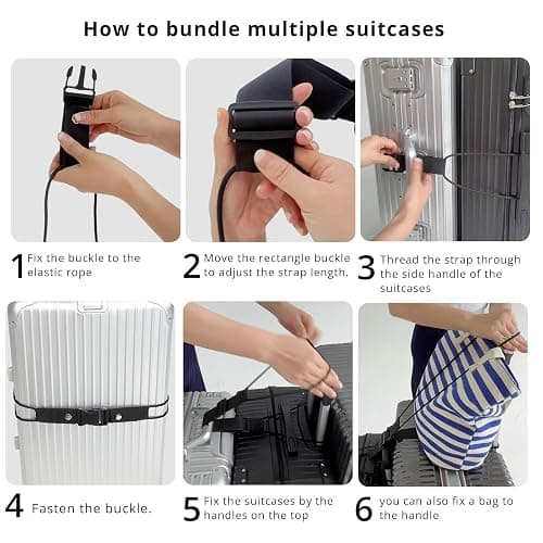 Adjustable Luggage Straps for Suitcases 3 PCS Connect Suitcases | Connect up to 3 suitcases and carry-on with elastic rope, sturdy 600D polyester straps with a buckle a bottle clip thumbnail 11