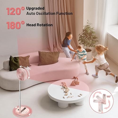 Dhenrio Portable Oscillating Pedestal Fan with Romote, 4 Speed 120° Telescopic Rotation Foldable Standing Collapsible Fans, 7200Mah Rechargeable, Quiet Timer DeskFan for Travel Camping Home, Pink thumbnail 4