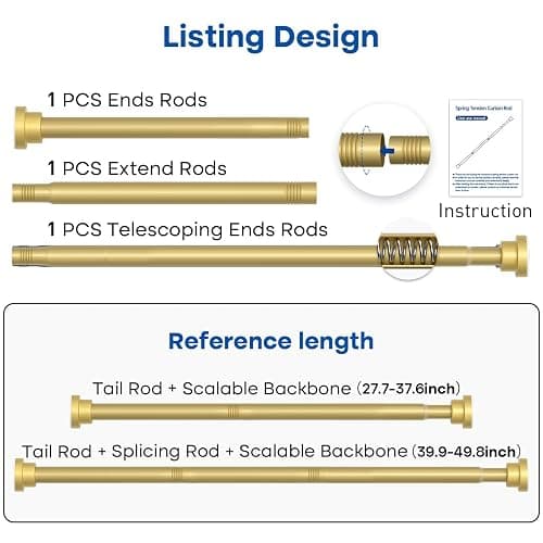 Tension Rod for Windows 28 to 48 Inch Spring Curtain Rods No Drilling 7/8" Diameter Gold Tension Rods Adjustable Curtain Rods Expandable Pressure Spring Tension Rods for Closet Doorway Kitchen Door thumbnail 3