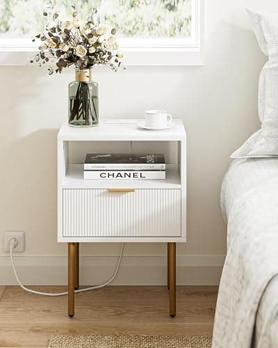 AEPOALUA Nightstand with Charging Station,Morden Bedside Table with Gold Frame,Small White Night Stand,End Table,Bedside Furniture,Side Table with Drawer and Shelf for Bedroom,Living Room thumbnail 7