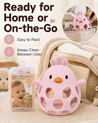 Tinabless Baby Teether Rattle Toys, 2-in-1 Easy Grip Silicone Teething for Babies 3-12 Months, BPA-Free Sensory Chew Toy for Sore Gums, Infant Gift (Pink w/Rattle) thumbnail 8