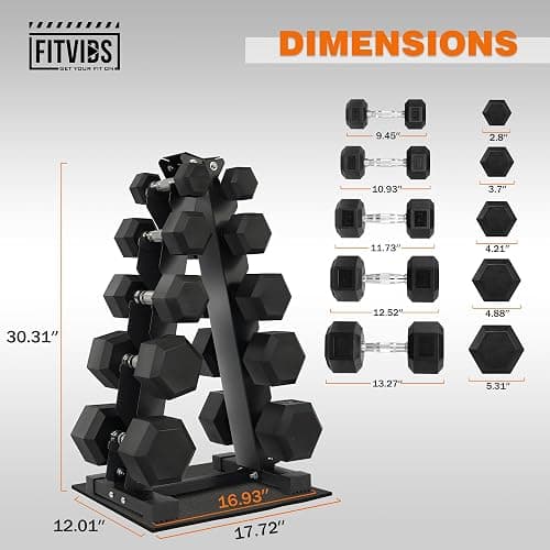 Fitvids Fitvids Rubber Coated Hex Dumbbell Weight Set and Storage Rack, 100LB Set or 150LB Set, 5-20 lbs Pairs or 5-25 lbs Pairs thumbnail 3