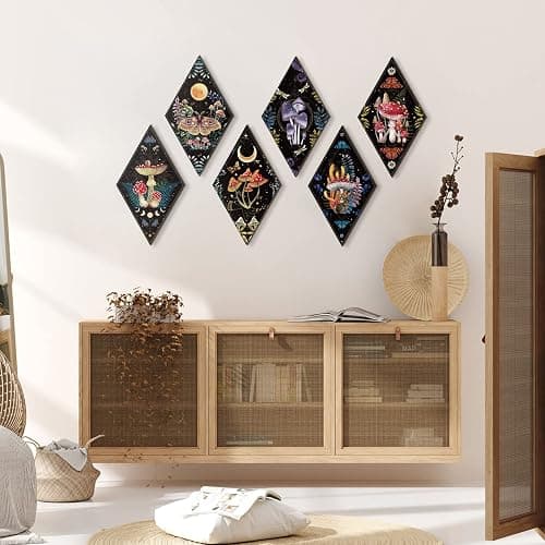 Sintuff 6 Pieces Mushroom Wall Decor Gift Vintage Aesthetic Boho Wall Art for Home 11.8inch Wooden Moon Gothic Minimalist Wall Hanging for Bathroom Bedroom Living Room thumbnail 6