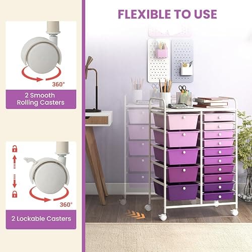 LDAILY 15 Drawer Rolling Storage Cart, Rolling Cart with Drawers for Classroom, Art Supply Craft Organizer on Wheel with Metal Frame & Handles for Home Office School thumbnail 5