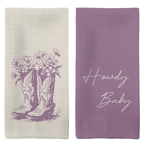 Tzhim Western Kitchen Towels, Preppy Cowboy Hand Towels, Black Cowgirls Boots Floral Rodeo Dishcloths Tea Towel for Kitchen, Vintage Retro Howdy Baby KitchenBathroom Decor Set of 2, 16x24in(Purple) - Image 1
