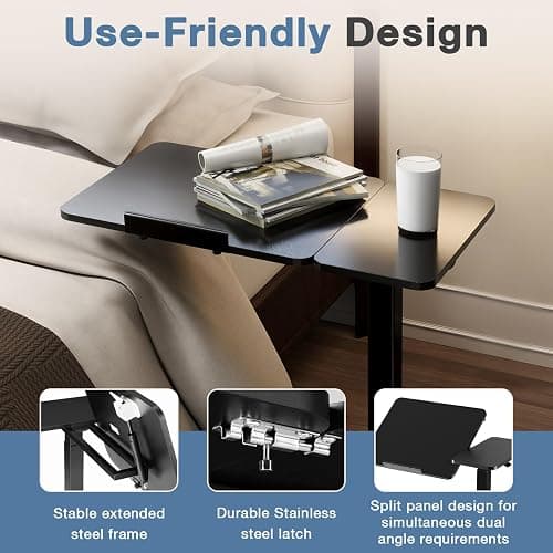 DUMOS Overbed Bedside Table Adjustable with Wheels, Mobile Standing Stand Up Rolling Laptop PC Desks with Tilting Top Height Tray Side Computer Workstation for Bedroom on Hospital Home Use, Black thumbnail 5