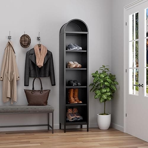 METALYEYE 73''H Narrow Arched Bookshelf,6-Tier Metal Arch Bookcase,Freestanding Storage Organizer with 4 Shelves,Open Display Shelves for Living Room,Entryway,Bathroom,Black,Assembly Required thumbnail 4