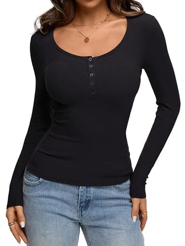 REORIA Women's 2025 Fall Long Sleeve Henley T Shirts Button Ribbed Knit Slim Fit Casual Basic Tops Blouse thumbnail 4