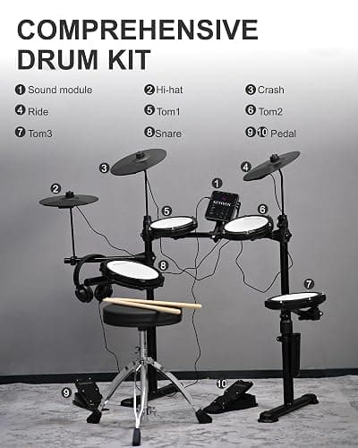 KEYIVOX Electric Drum Set - Silent Electronic Drum Set Adult, Drum Kit for Beginners with 4 Mesh Drum Pads, 150 Sounds, 30 Songs, 15 Kits, USB MIDI, Headphones, Throne, Sticks, Pedals, MT20C, Black thumbnail 6