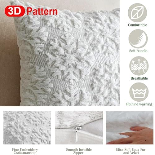 Christmas Pillow Covers 18'' x 18'' Set of 2, Soft Faux Rabbit Fur 3D Embroidery Snowflakes Throw Pillow Covers for Holiday Christmas Decor Sofa, Couch, Party, Invisible Zipper, Skin-Friendly thumbnail 5