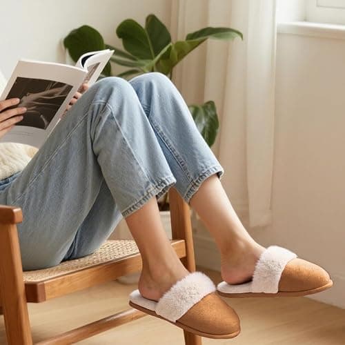 Women's Memory Foam Fuzzy Slippers Fluffy Plush Indoor Outdoor Non-Slip Thin Sole Winter House Shoes thumbnail 4