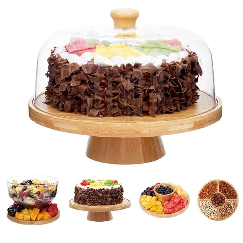 Timboops Home Bamboo Cake Stand with Lid, 6-in-1 Multifunctional Cake Plate, Cake Holder, Serving Tray, Fruit Platter, Salad Bowl, Dessert Table Display & Acrylic Cake Dome Cover - Image 1
