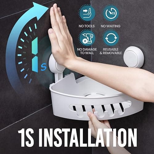 TAILI Corner Shower Caddy Suction Cups Heavy Duty,Small Bathroom Shower Shelf Storage Basket Wall Mounted Organizer for Shampoo,Conditioner,Plastic Shower Rack for Kitchen,Drill-Free Removable thumbnail 3
