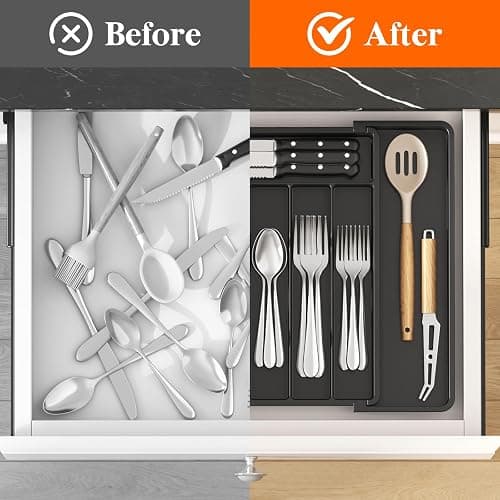 Lifewit Silverware Drawer Organizer, Expandable from 11 to 18 inches, Utensil Tray for Kitchen, BPA Free Flatware Cutlery Holder, Adjustable Plastic Storage for Spoons Forks Knives, Large, Black thumbnail 6