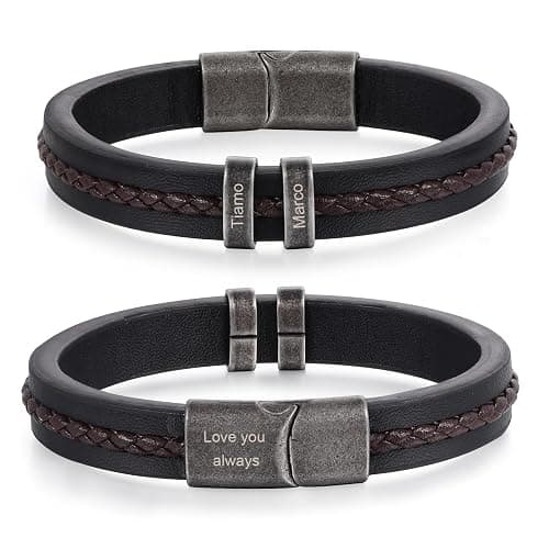 Personalized Custom Name Bracelets for Men - Mens Leather Bracelet with 2-5 Kids Names Customized Gifts for Dad Husband Son - Image 1