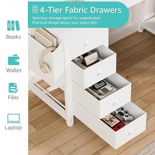 Lufeiya L Shaped Desk with Led Lights and Power Outlets, 47 Inch Writing Study Computer Gaming Desks with Fabric Drawers for Bedroom, Home Office Corner Desk with Monitor Stand Shelves, White thumbnail 6