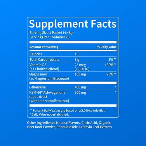 Nello Supercalm Powdered Drink Mix, Cortisol Reducer and Sleep Aid Supplement, L Theanine, Ksm-66 Ashwagandha, Magnesium Glycinate, Vitamin D 3, No Sugar, Non GMO, On The Go, 20 Ct, Raspberry Lemonade thumbnail 8